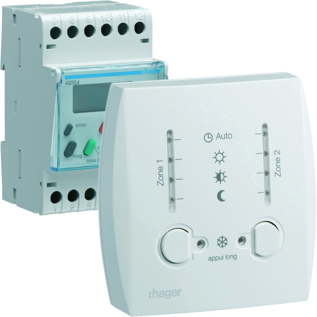 Hager - Gestionnaire d'énergie chauffage électrique 2 zones sur 7 jours, Fil P, TIC 230V