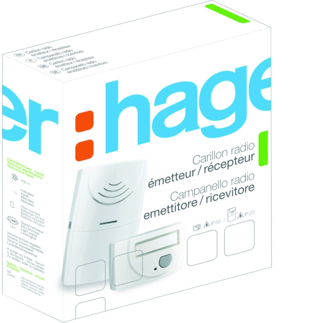 Hager - Pack carillon radio à piles 3 mélodies (BP sonnette + récepteur + alimentations)