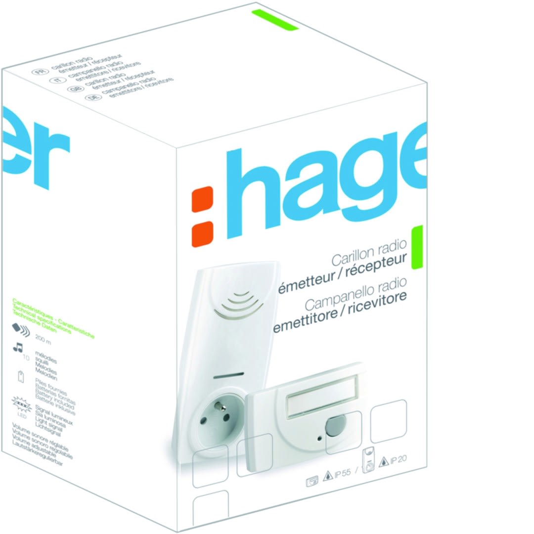 Hager - Pack carillon radio gigogne 230V 10 mélodies+flash (BP sonnette + récept + alim)