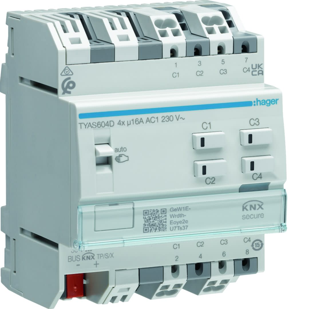 Hager - Actionneur KNX Secure 4 sorties 16A/230V charge capacitive config Mode Easy/ETS