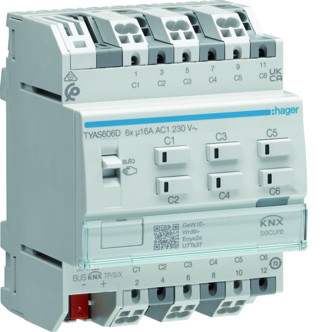 Hager - Actionneur KNX Secure 6 sorties 16A/230V charge capacitive config Mode Easy/ETS