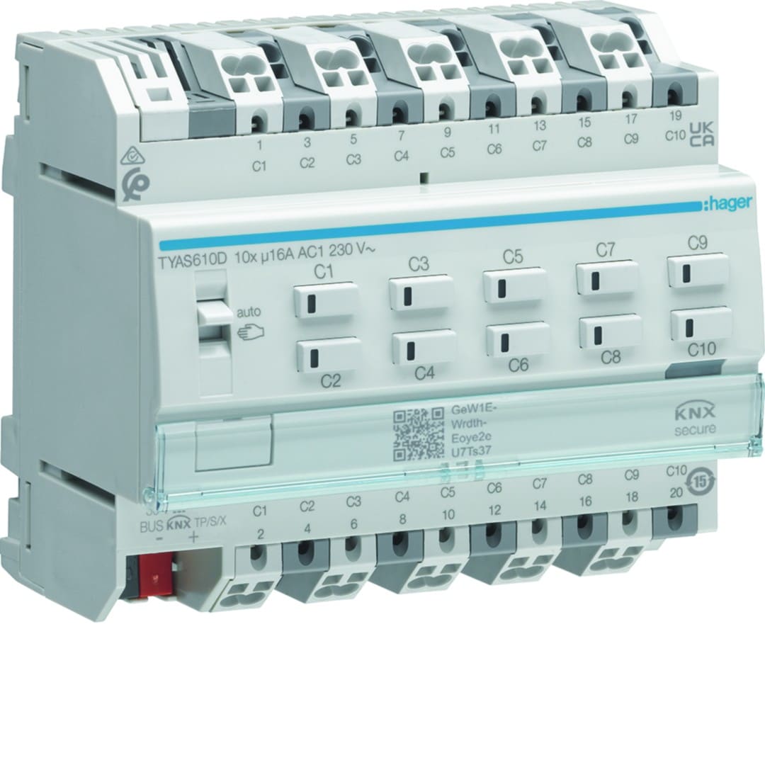 Hager - Actionneur KNX Secure 10 sorties 16A/230V charge capacitive config Mode Easy/ETS