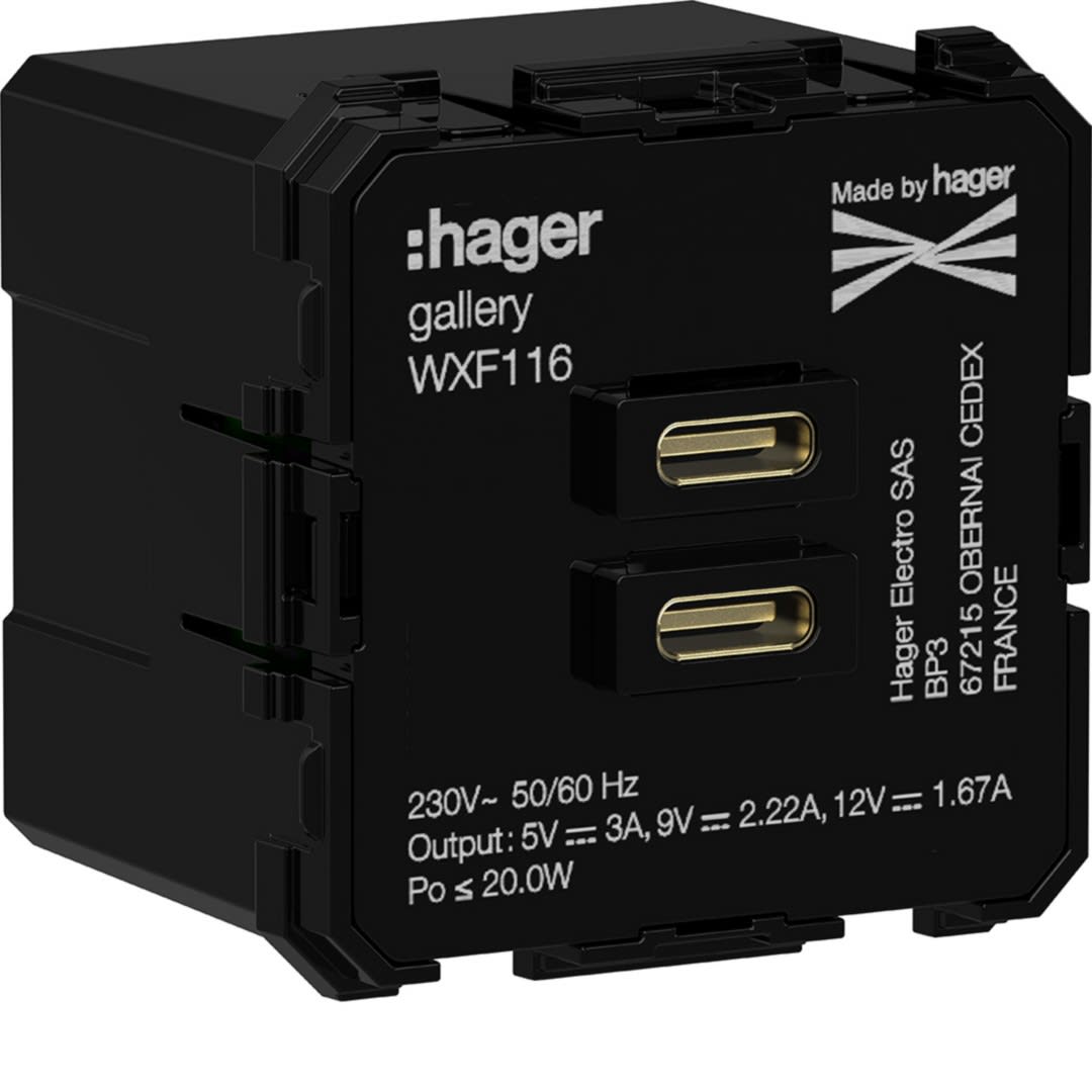 Hager - Chargeur Gallery double USB C+C 20W