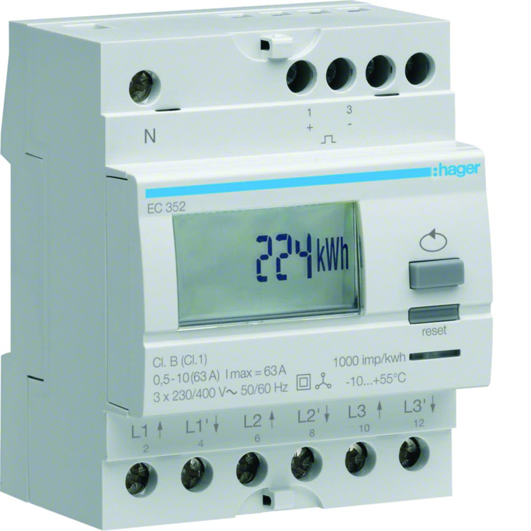 Hager - Compteur d'énergie électrique triphasé direct 63A double tarif