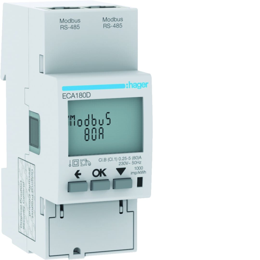 Hager - Compteur d'énergie monophasé 80A communiquant MOBDUS RS485 bornes RJ45 MID