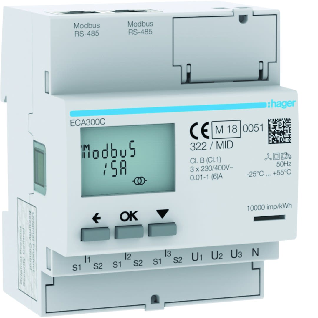 Hager - Compteur d'énergie triphasé indirect 5A MOBDUS RS485 bornes rapides RJ45 MID