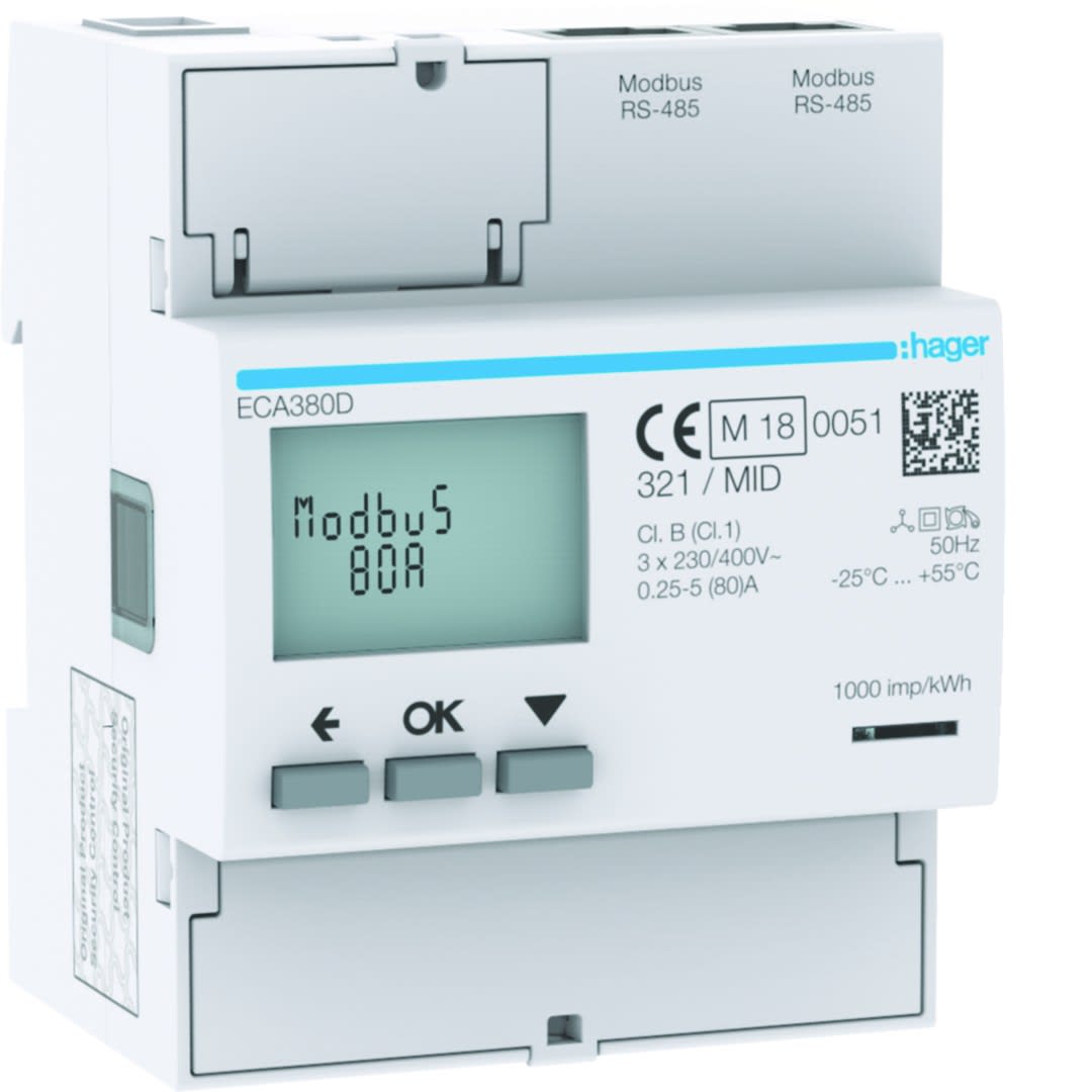 Hager - Compteur d'énergie triphasé 80A communiquant MOBDUS RS485 bornes RJ45 MID