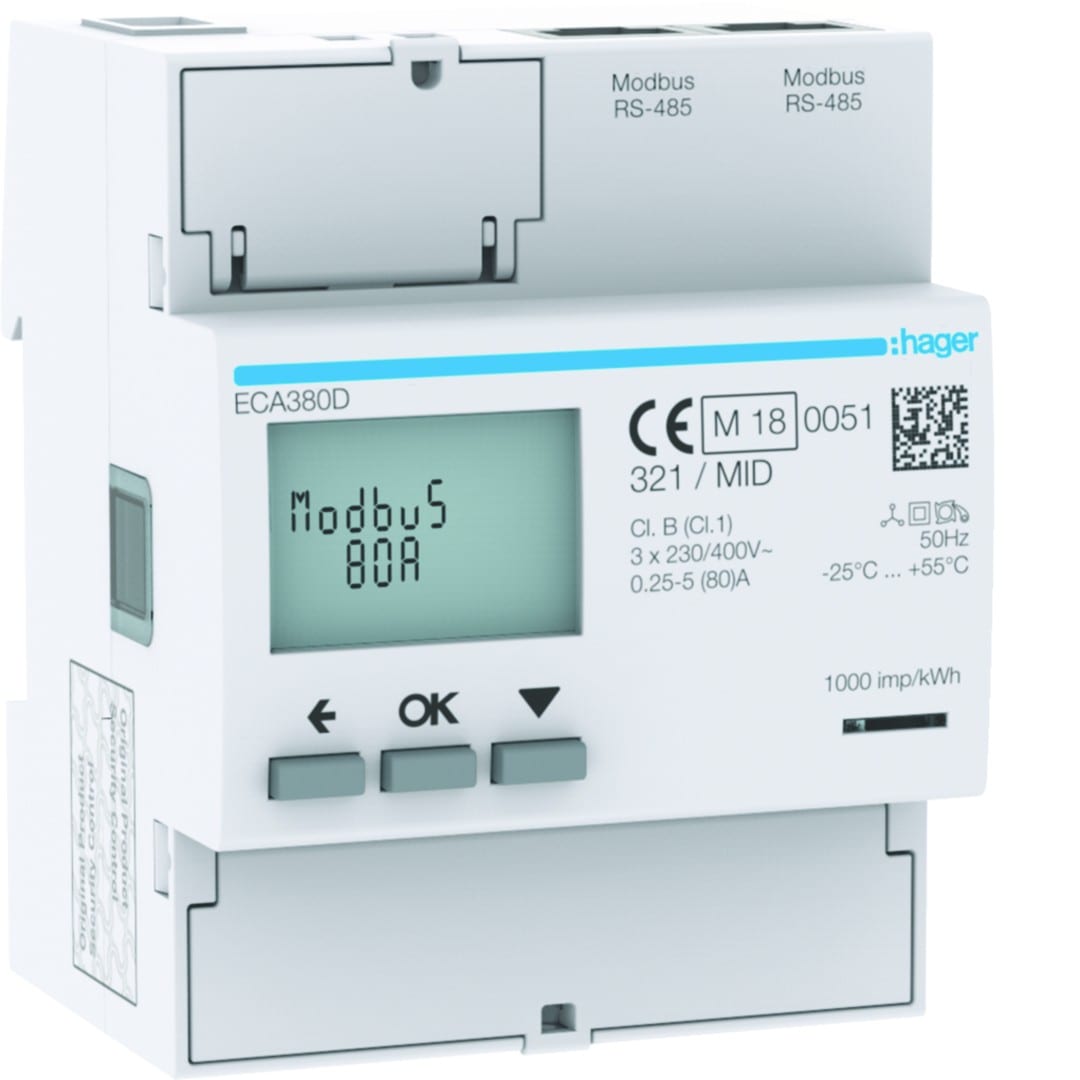 Hager - Compteur d'énergie triphasé 80A communiquant MOBDUS RS485 bornes RJ45 MID