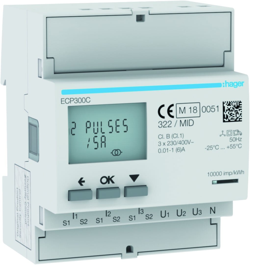 Hager - Compteur d'énergie triphasé indirect 5A sortie impulsionnelle MID