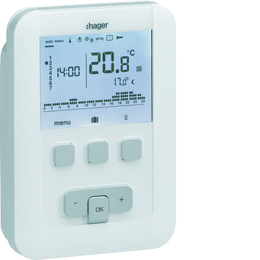Hager - Thermostat ambiance programmable digital chauf eau chaude 2 fils sur 7j à piles