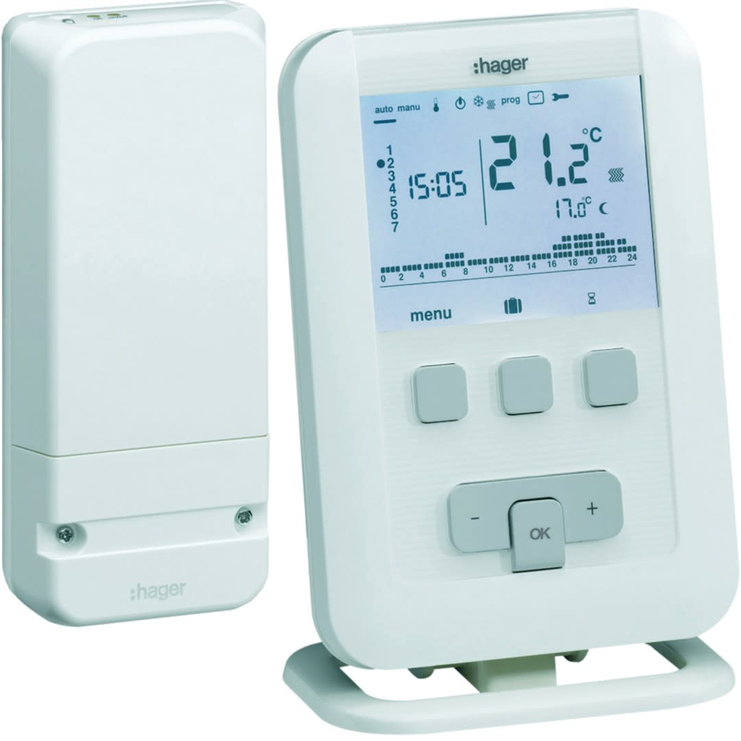 Hager - Kit thermostat ambiance prog digital radio chauf eau ch 7j récept mural à piles