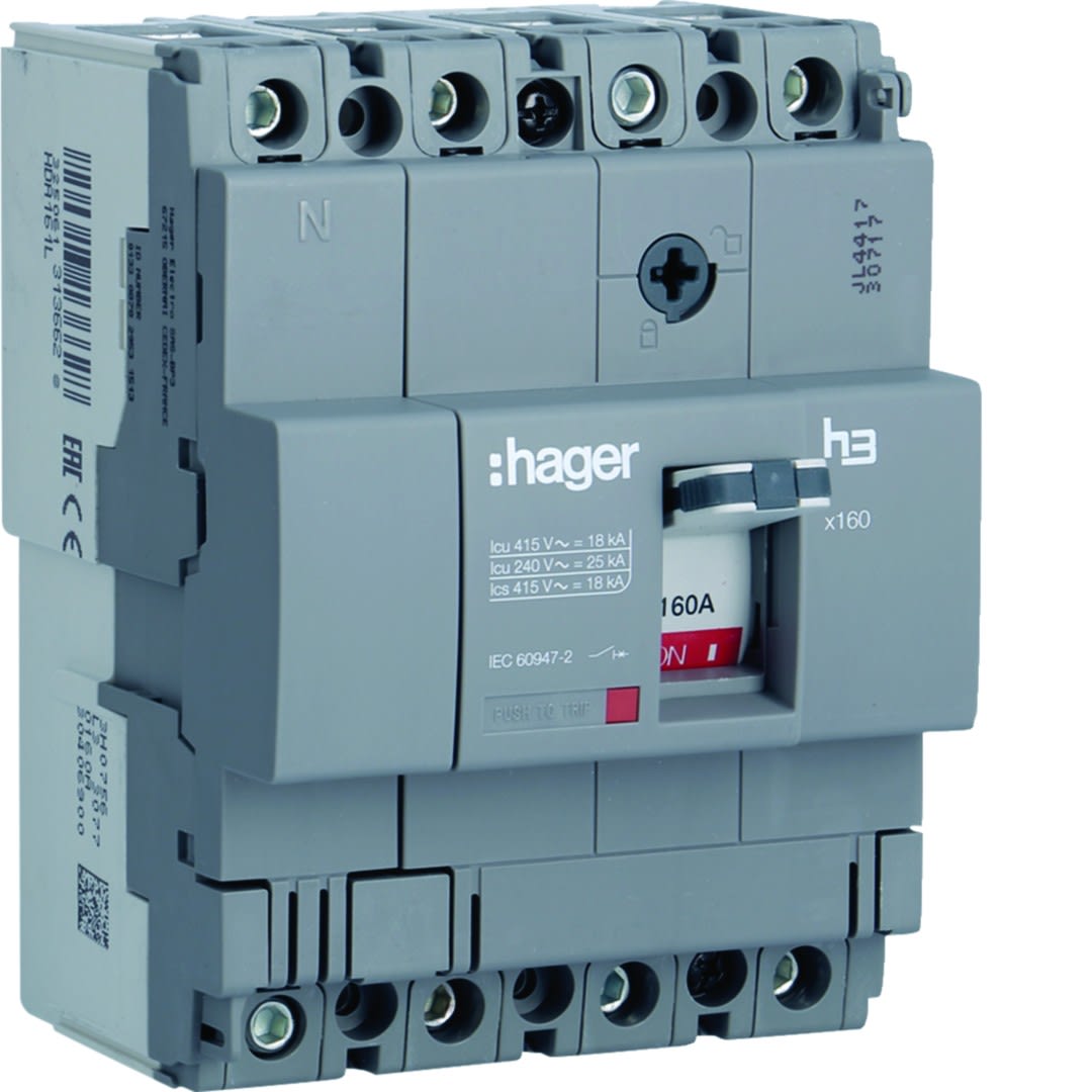Hager - Disjoncteur Boitier Moulé h3 x160 TM F/F 4P4D In160A Icu18kA à cage