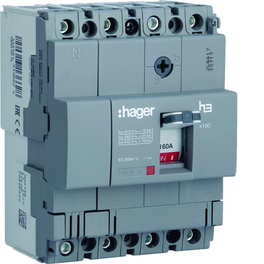 Hager - Disjoncteur Boitier Moulé h3 x160 TM F/F 4P4D In160A Icu18kA à cage