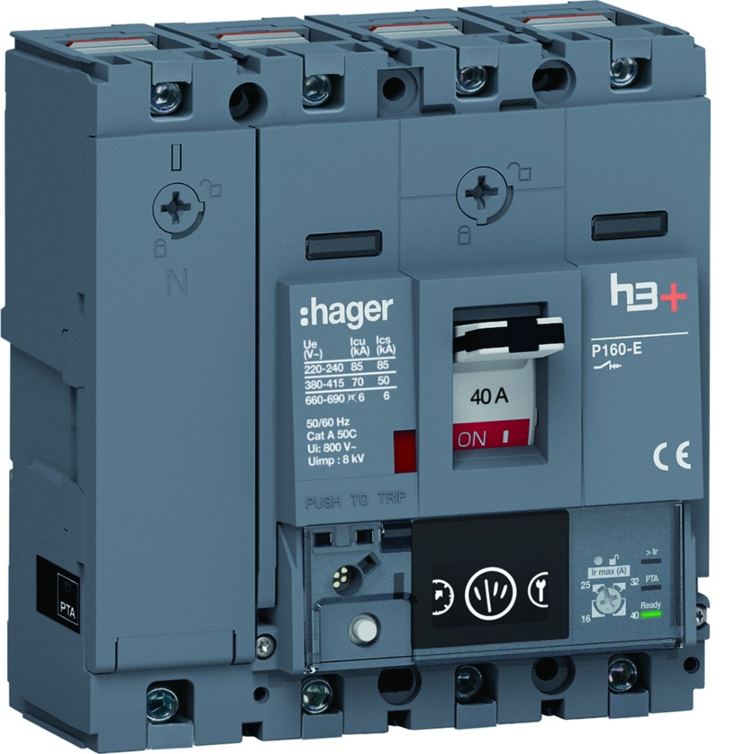 Hager - Disjoncteur Boitier Moulé h3+ P160 ENERGY 4P4D In40A Icu70kA à cage