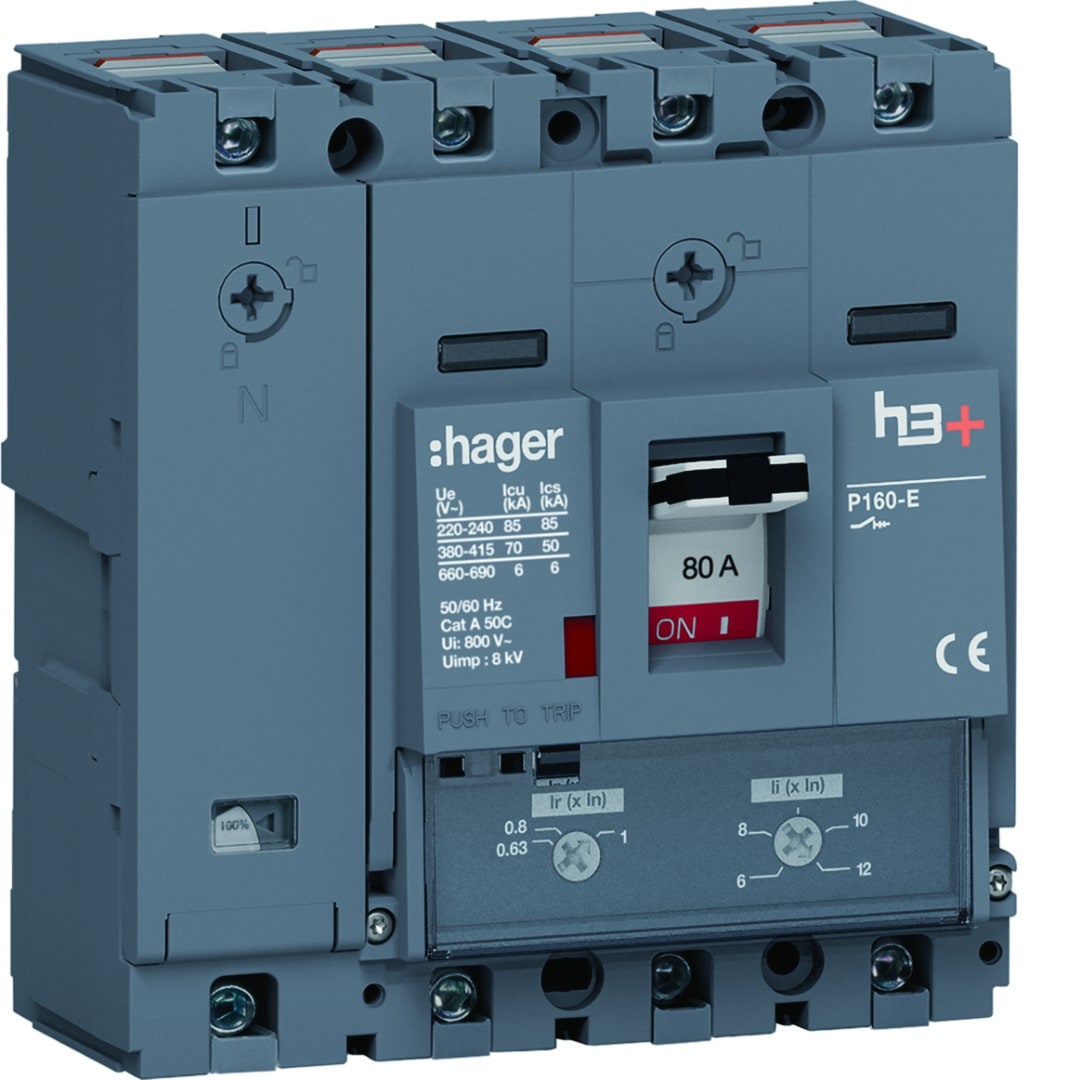 Hager - Disjoncteur Boitier Moulé h3+ P160 TM A/A 4P4D In80A Icu70kA à cage