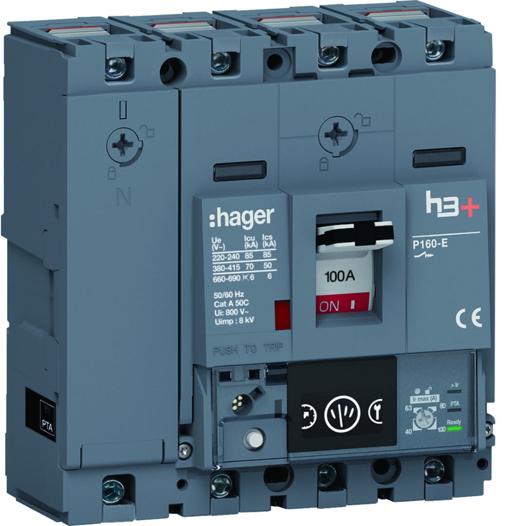 Hager - Disjoncteur Boitier Moulé h3+ P160 ENERGY 4P4D  In100A Icu70kA à cage