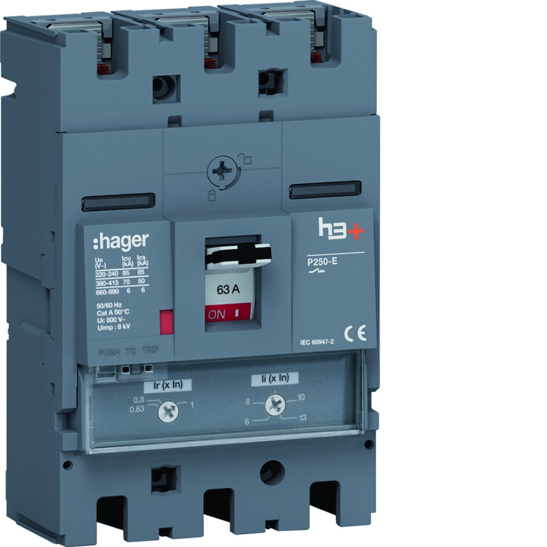 Hager - Disjoncteur Boitier Moulé h3+ P250 TM A/A 3P3D In63A Icu70kA à plage