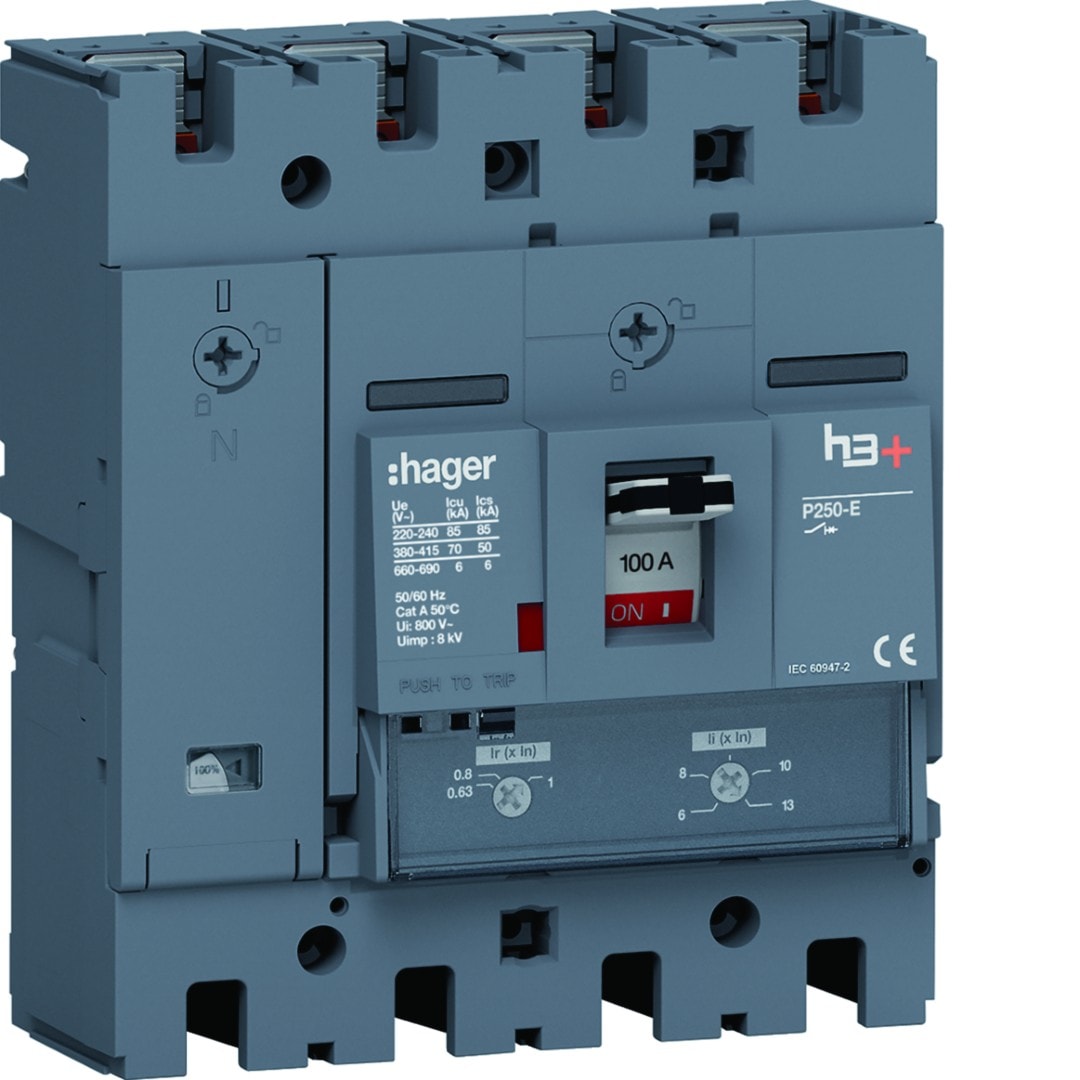 Hager - Disjoncteur Boitier Moulé h3+ P250 TM A/A 4P4D In100A Icu70kA à plage