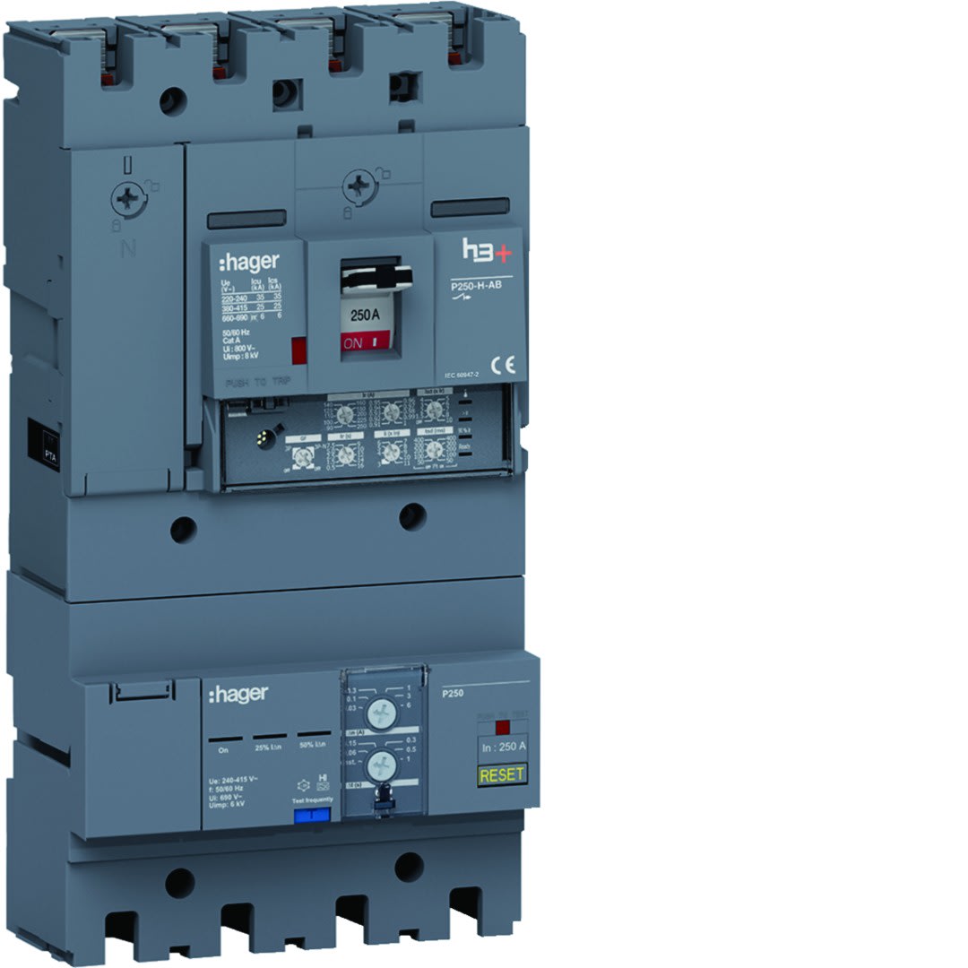 Hager - Disjoncteur Boitier Moulé + diff h3+ P250 LSI AB 4P4D In250A Icu25kA à plage