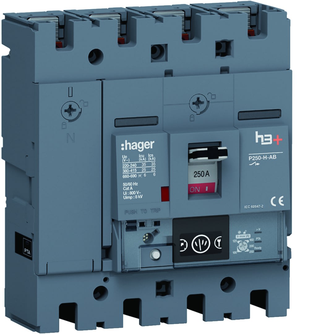Hager - Disjoncteur Boitier Moulé h3+ P250 ENERGY AB 4P4D In250A Icu25kA à plage