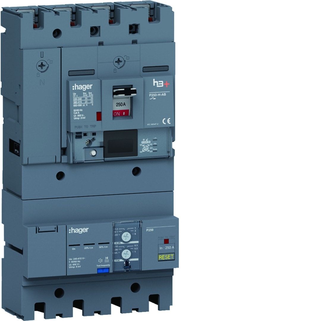 Hager - Disjoncteur Boitier Moulé + diff h3+ P250 ENERGY AB 4P4D In250A Icu25kA à plage