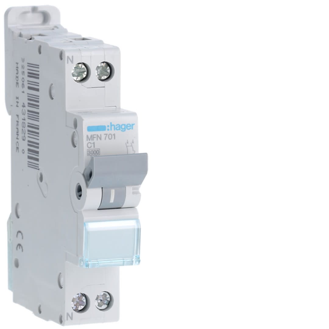 Hager - Disjoncteur Phase + Neutre 1A 3kA Courbe C bornes à vis 1 Module