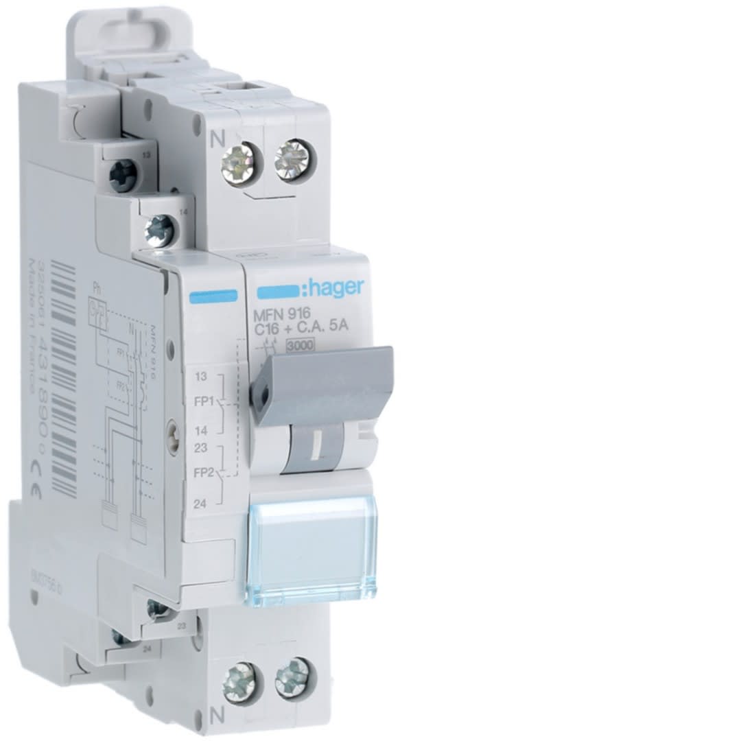 Hager - Disjoncteur fil pilote Phase + Neutre 16A 3kA Courbe C bornes à vis 1,50 Modules