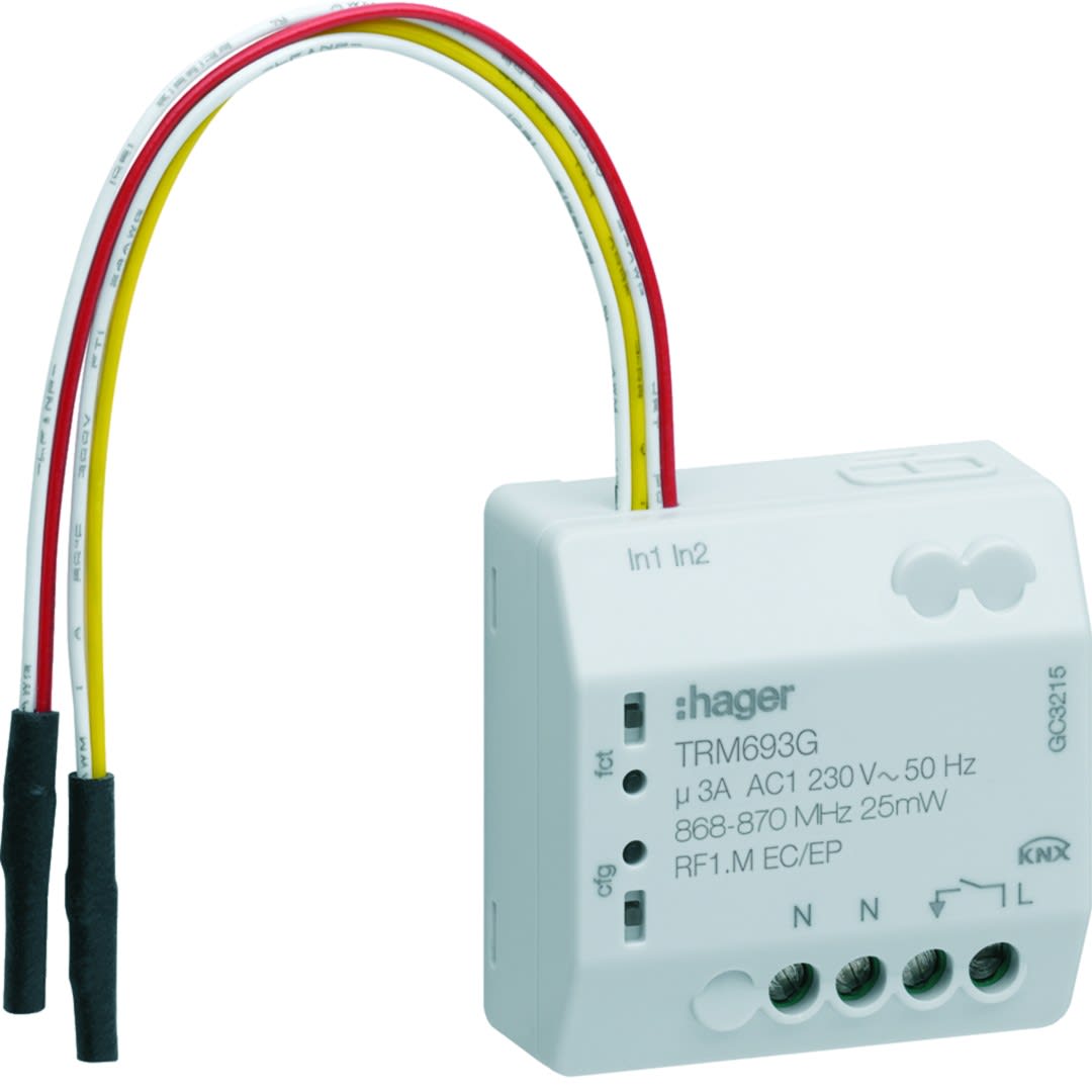 Hager - micromodule 1 sortie éclairage ON/OFF 3A 230V + 2 entrées filaires, KNX radio