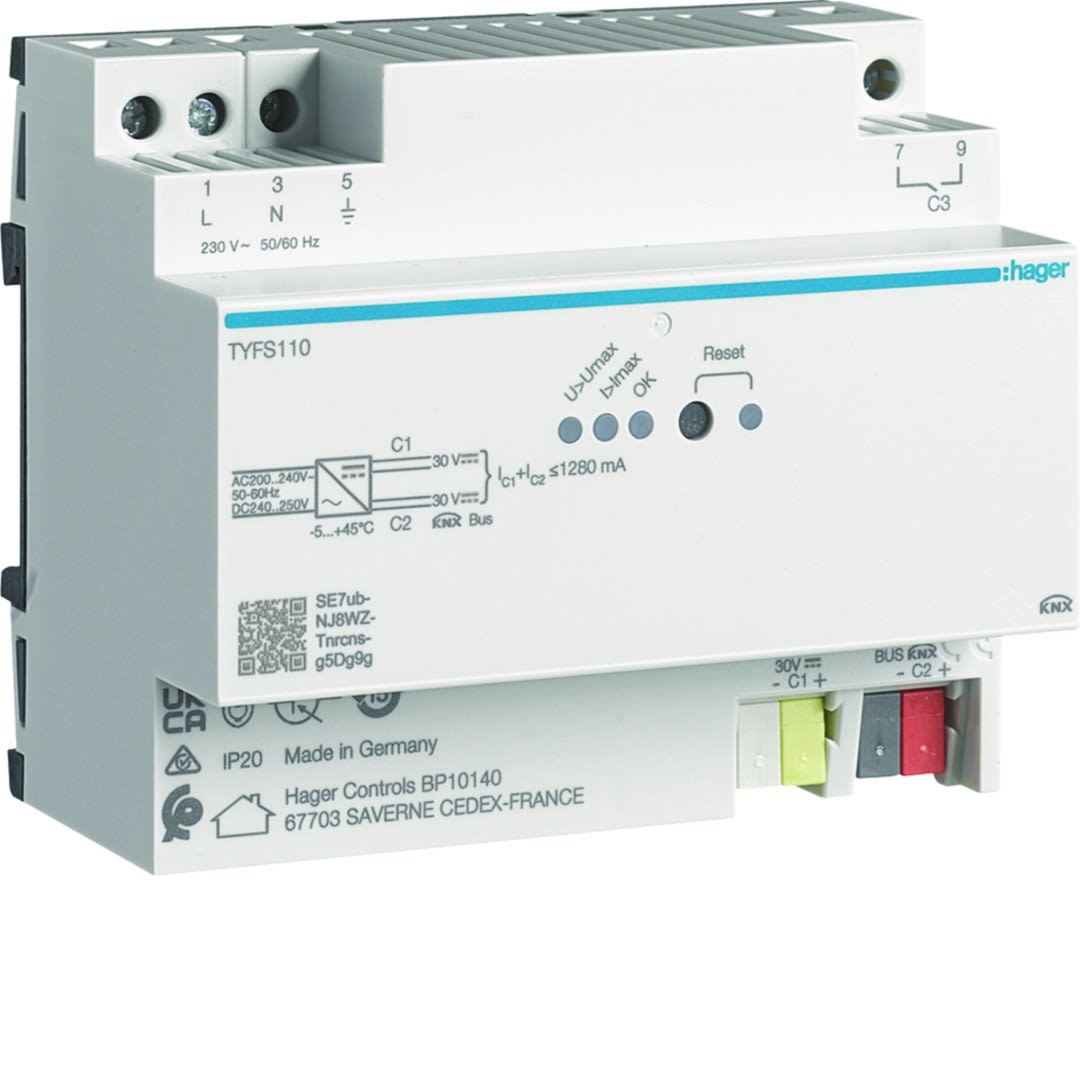 Hager - Alimentation modulaire 1x30 VDC KNX protégée + 1x30 VDC puissance totale 1280 mA