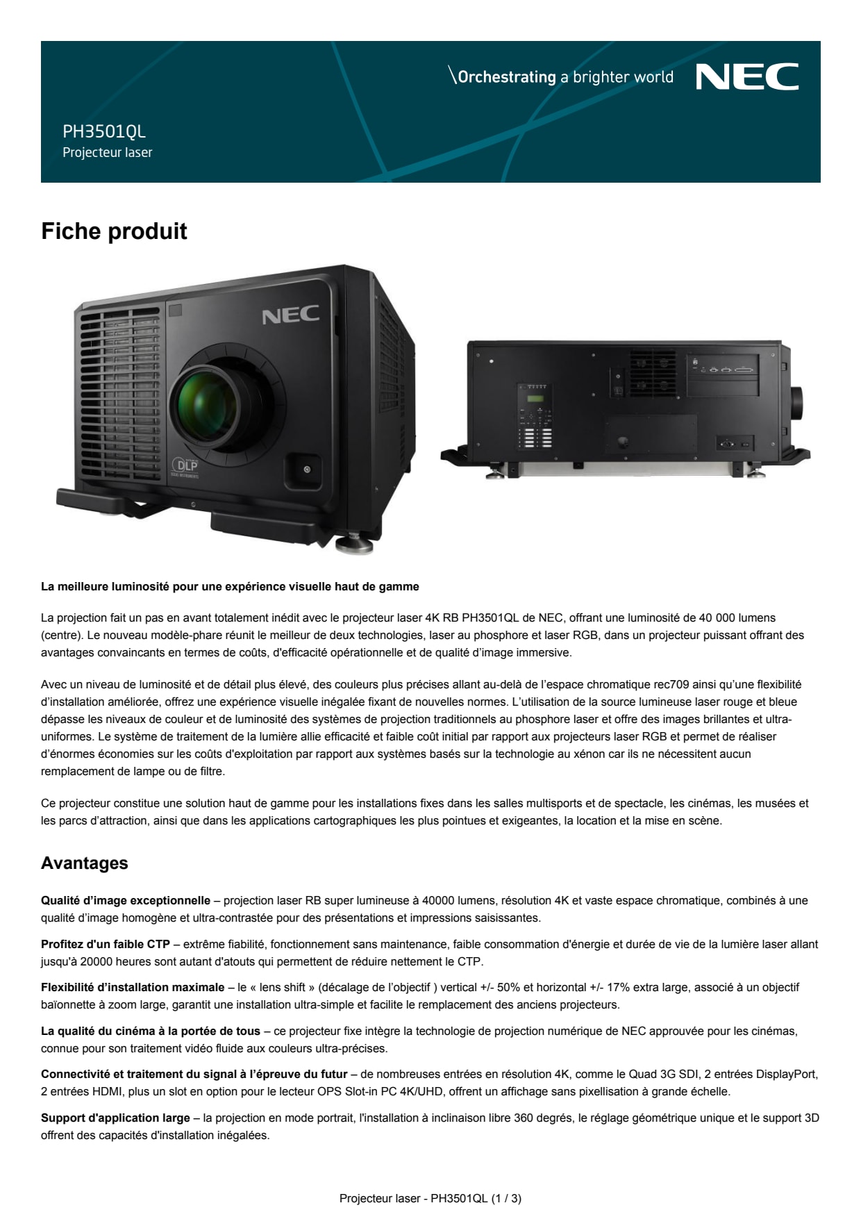 Sidev - Projecteur laser PH2601QL 4K 3
