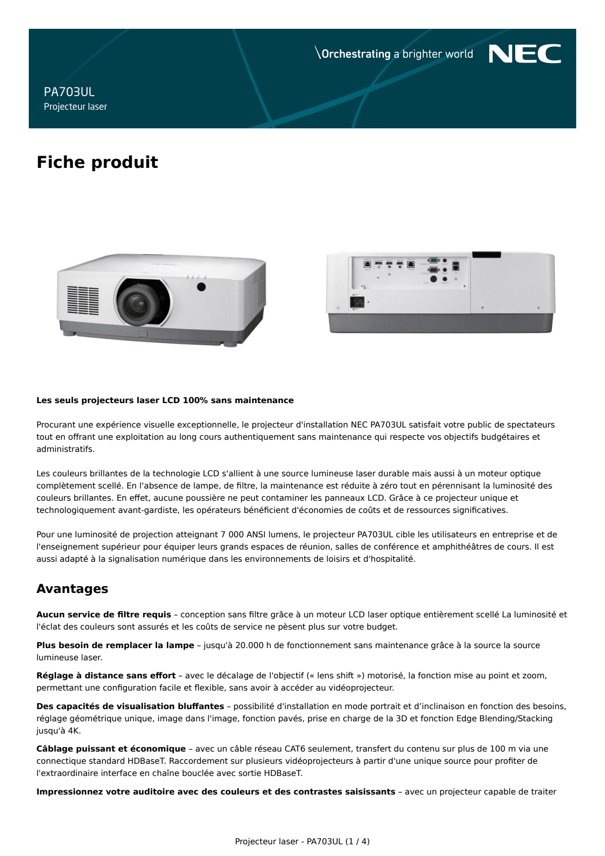 Sidev - Projecteur laser WUXGA 7 000 l