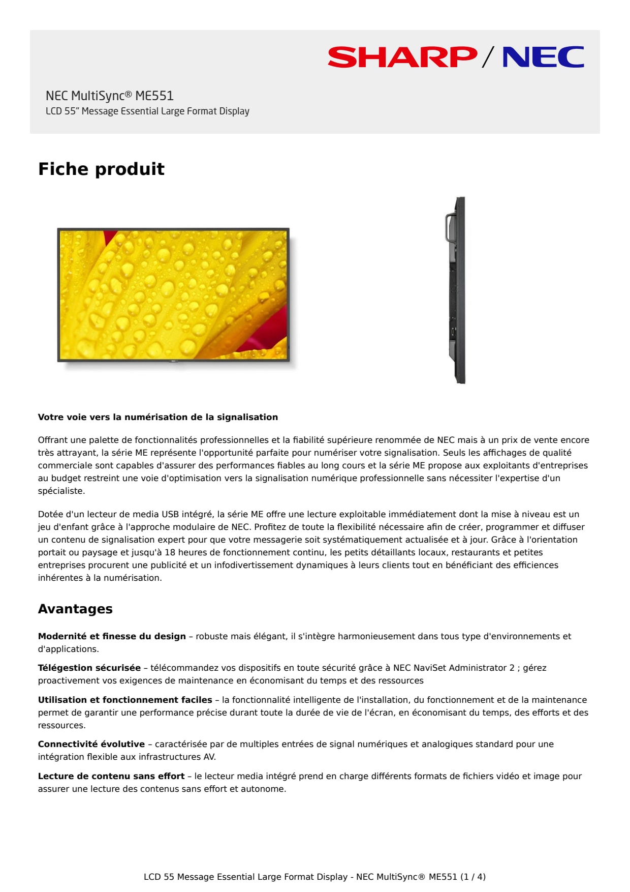 Sidev - ME551 LCD 55 Affichage
