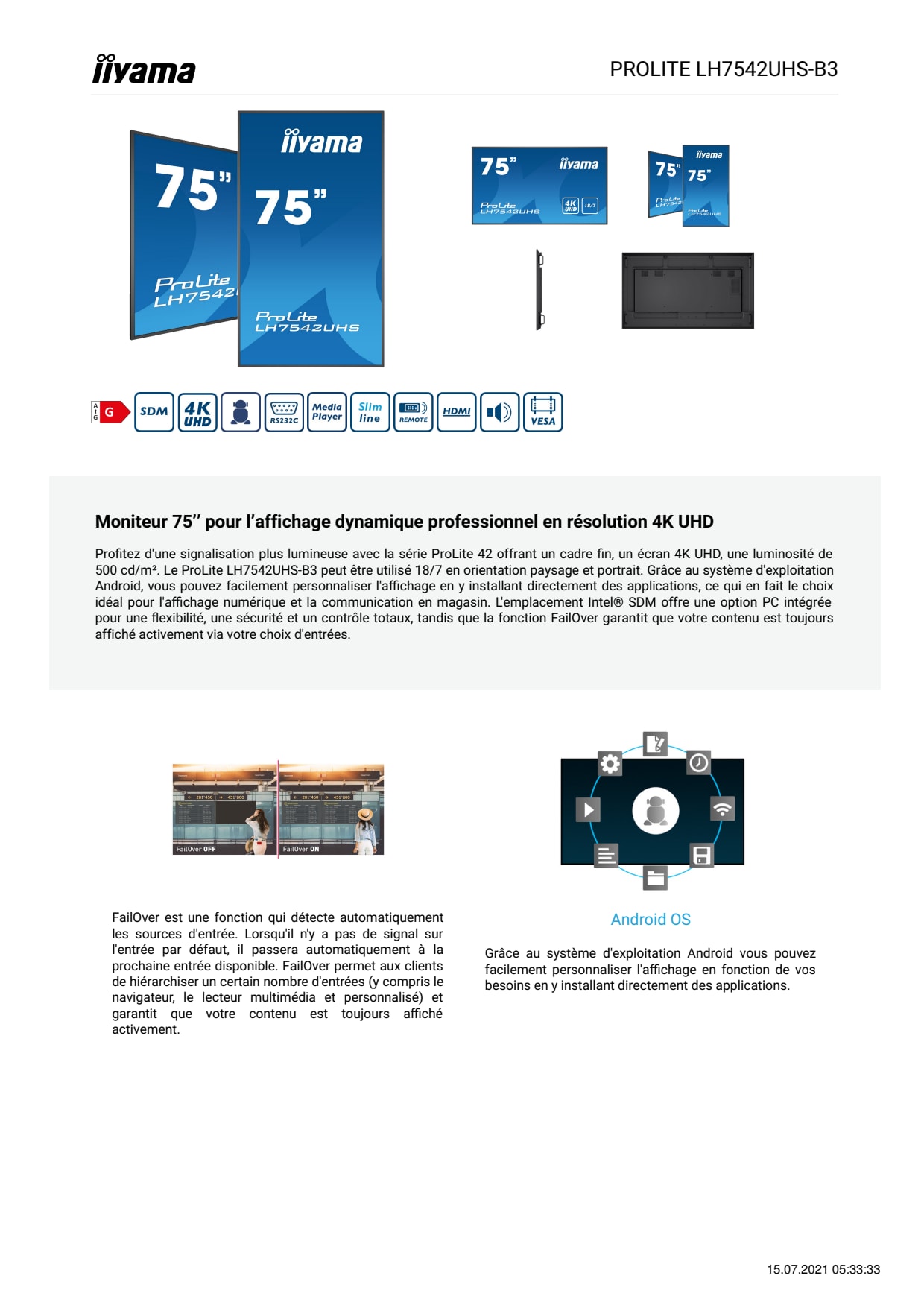 Sidev - Moniteur 75'' pour