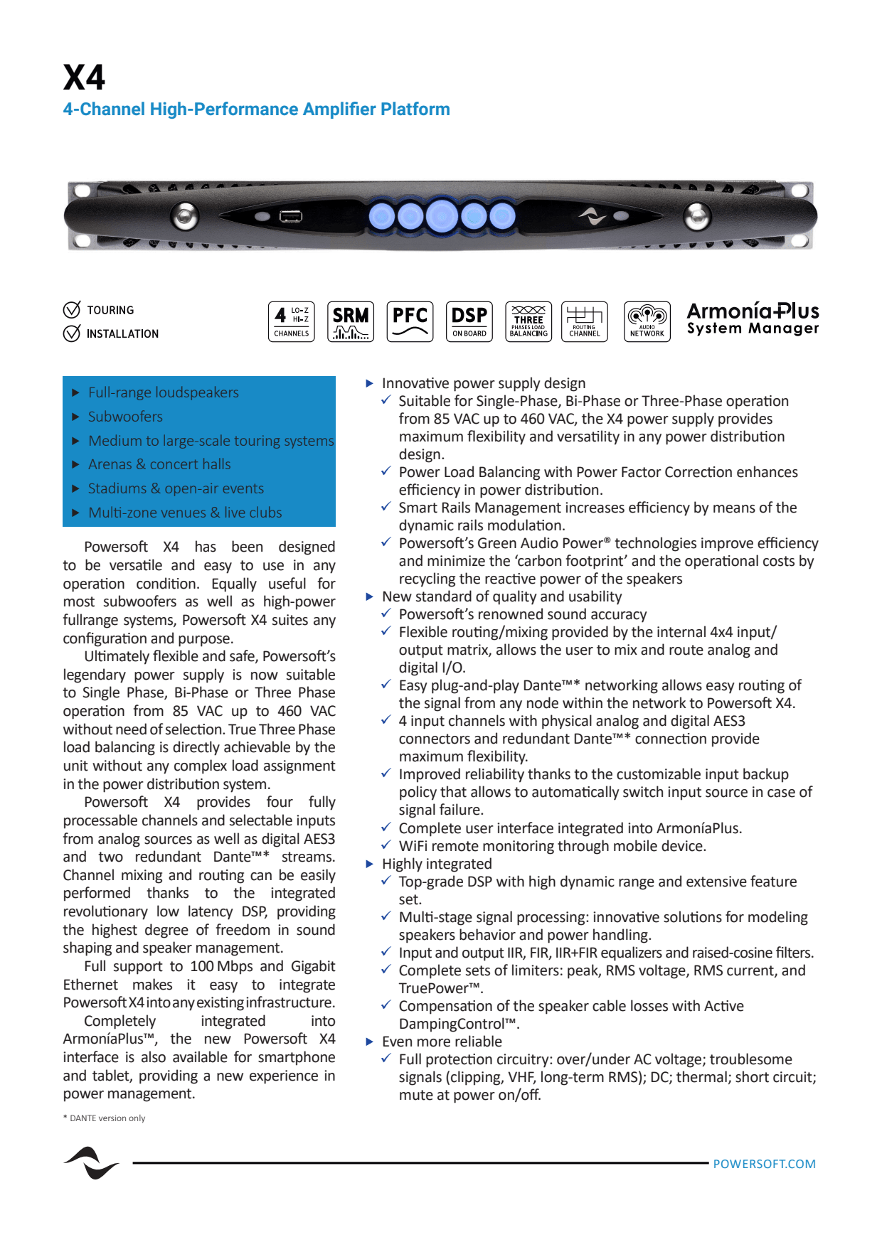 Sidev - Ampli Touring DSP Dante 4x1600