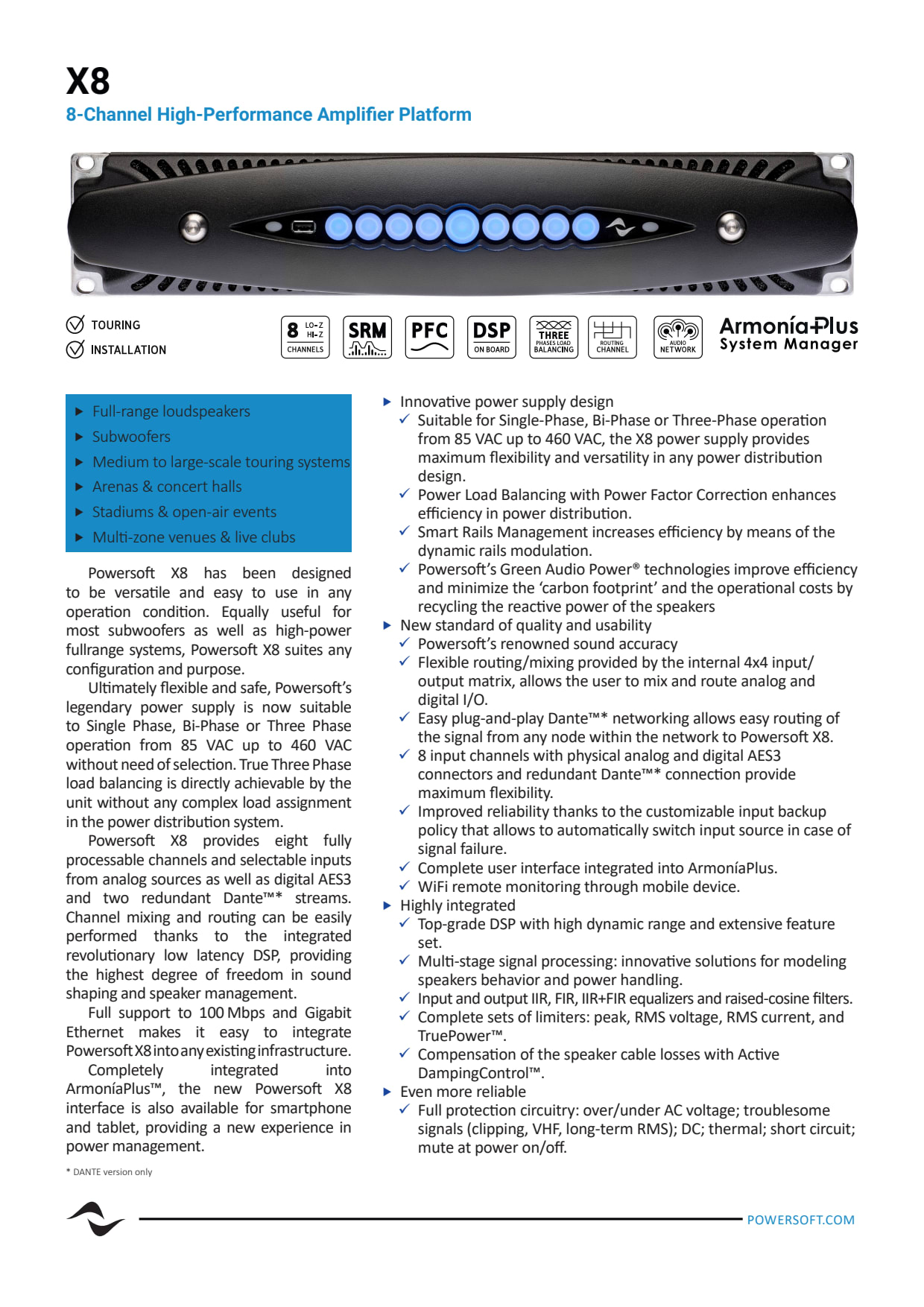 Sidev - Ampli Touring DSP Ethernet 8x1