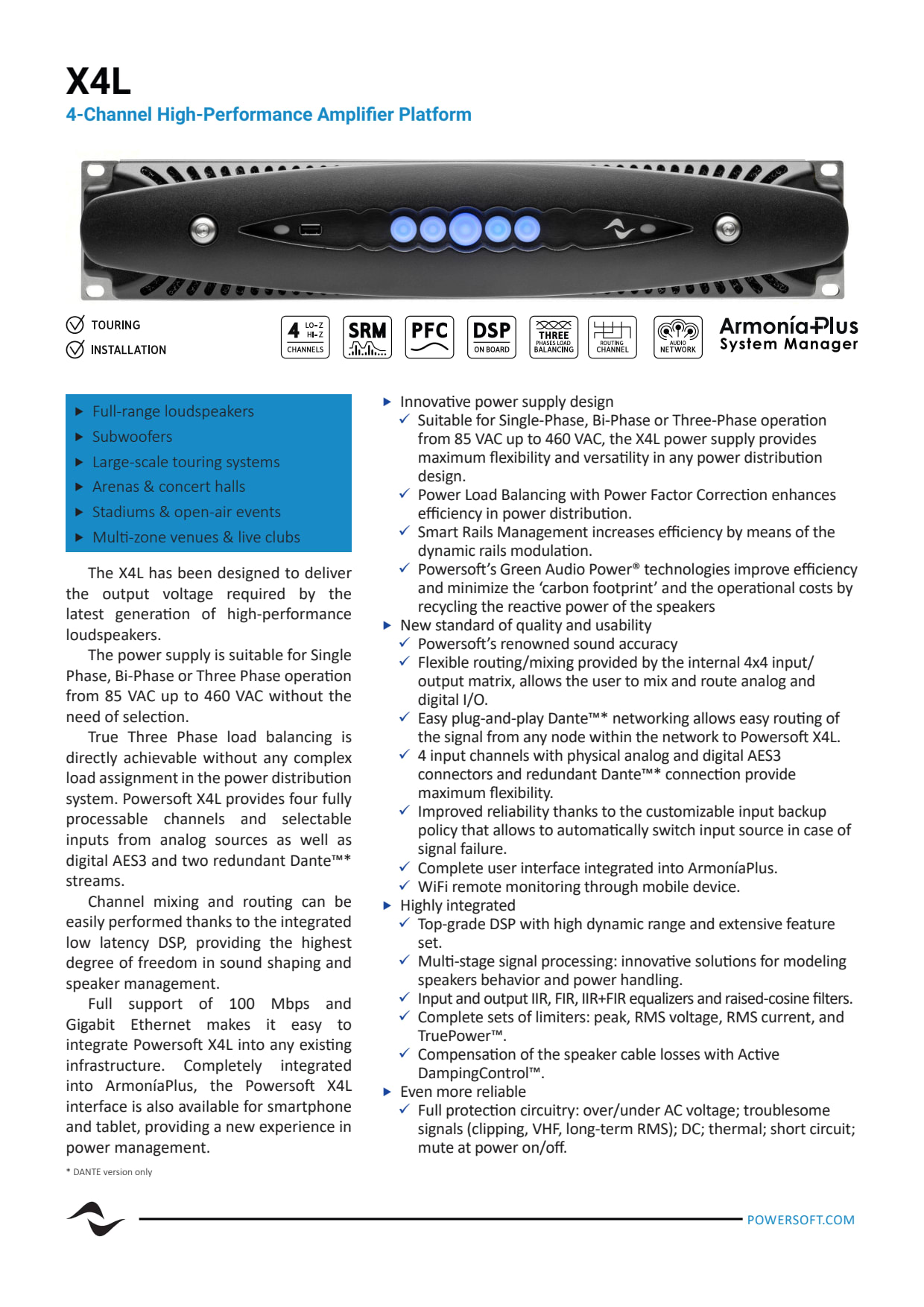 Sidev - Ampli Touring DSP Ethernet 4x4