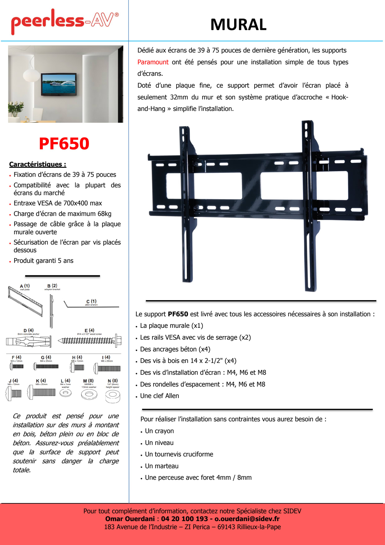 Sidev - Support mural fixe LFD VESA 10