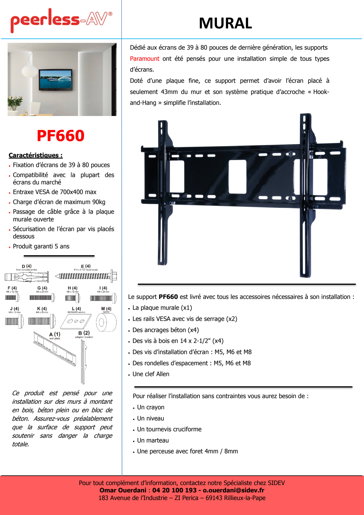 Sidev - Support mural fixe LFD VESA 10