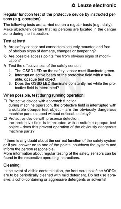 Leuze Electronic - Safety Sticker Set Consignes de sécurité « Contrôle régulier du fonctionnement d