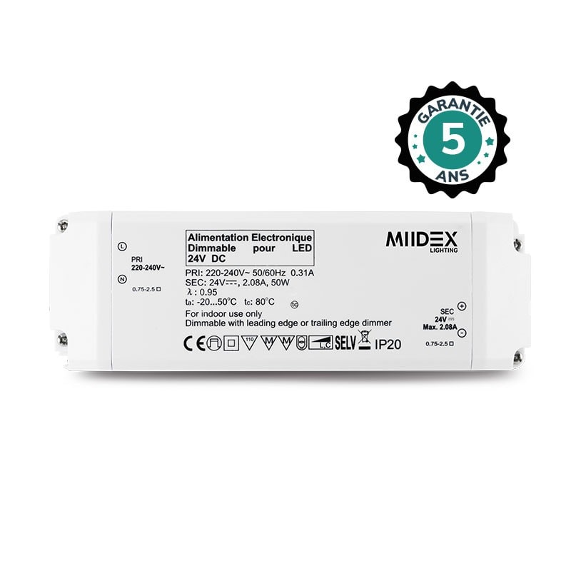 Miidex Lighting - ALIM LED 24V DC DIM COUPURE PHASE 50W IP20