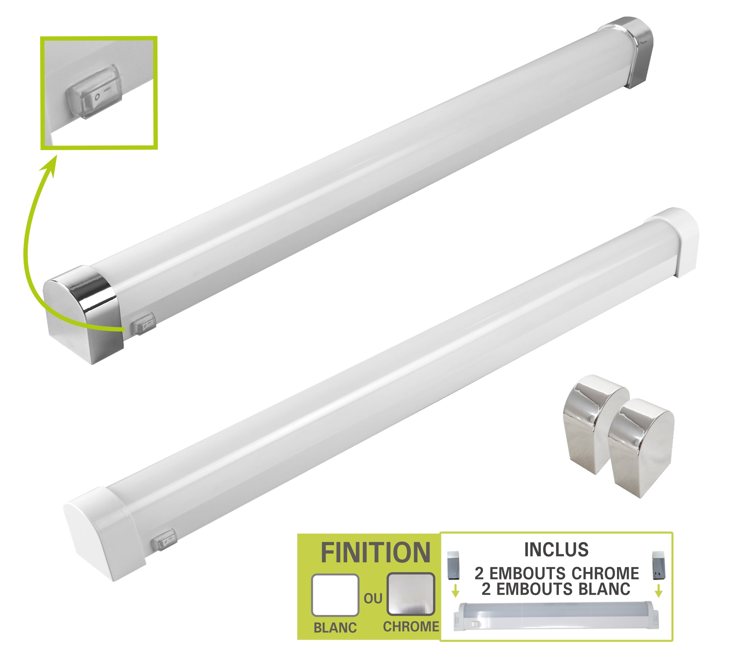 SLID Concept - Réglette SDB IP44 embouts blanc et chrome 12W 4000K interrupteur