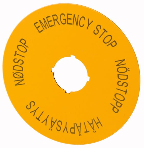 Eaton Industries France SAS - Étiquette, arrêt d'urgence, D=90mm, jaune, EN, SV, FI, DA