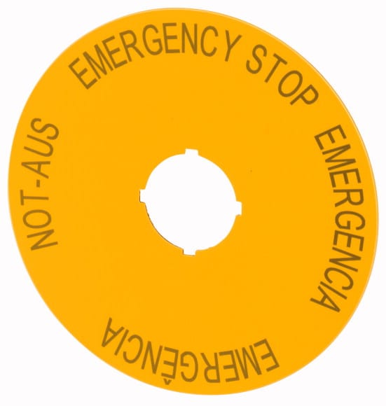Eaton Industries France SAS - Étiquette, arrêt d'urgence, jaune, D=90mm, 4 langues, DE, EN, ES, PT