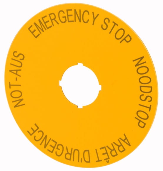 Eaton Industries France SAS - Étiquette, arrêt d'urgence, jaune, D=90mm, 4 langues, DE, EN, néerlandais, FR