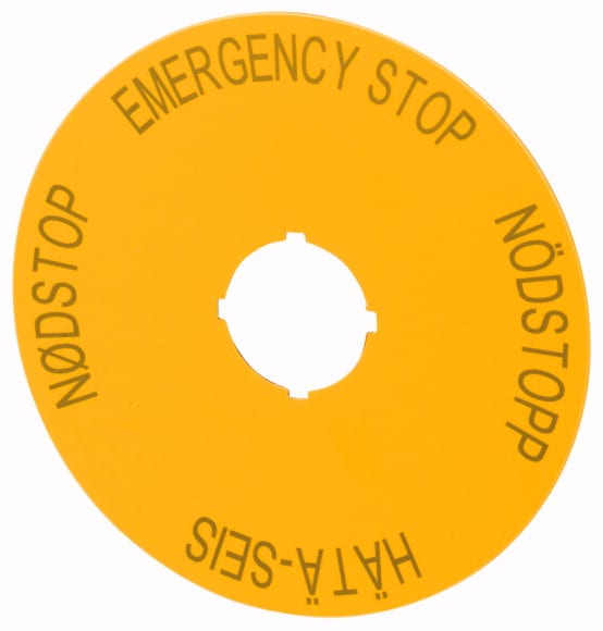 Eaton Industries France SAS - Étiquette, arrêt d'urgence, jaune, D=90mm, 4 langues, DE, SV, FI, DA