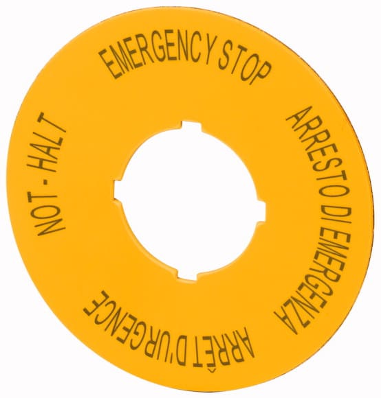 Eaton Industries France SAS - Étiquette, arrêt d'urgence, D=90mm, jaune, DE, EN, FR, IT