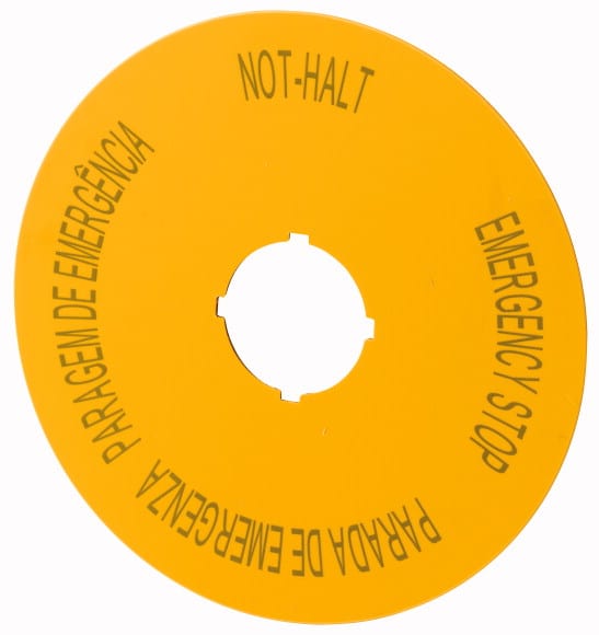 Eaton Industries France SAS - Étiquette, arrêt d'urgence, D=90mm, jaune, DE, EN, ES, PT