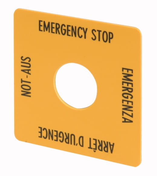 Eaton Industries France SAS - Étiquette, arrêt d'urgence, jaune, HxL=50x50mm, 4 langues, DE, EN, FR, IT