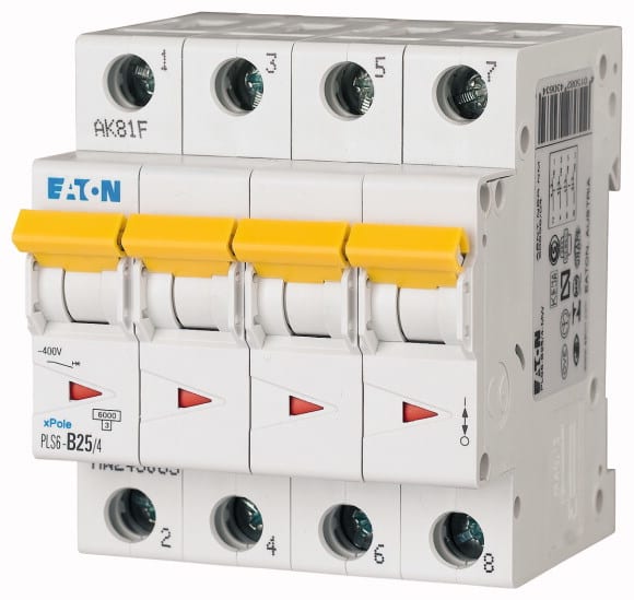 Eaton Industries France SAS - Disjoncteur modulaire PLS6, 4P, 25A ,6kA (EN 60898), courbe D