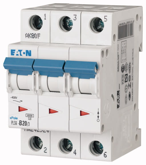 Eaton Industries France SAS - Disjoncteur modulaire PLS6, 3P, 20A ,6kA (EN 60898), courbe D